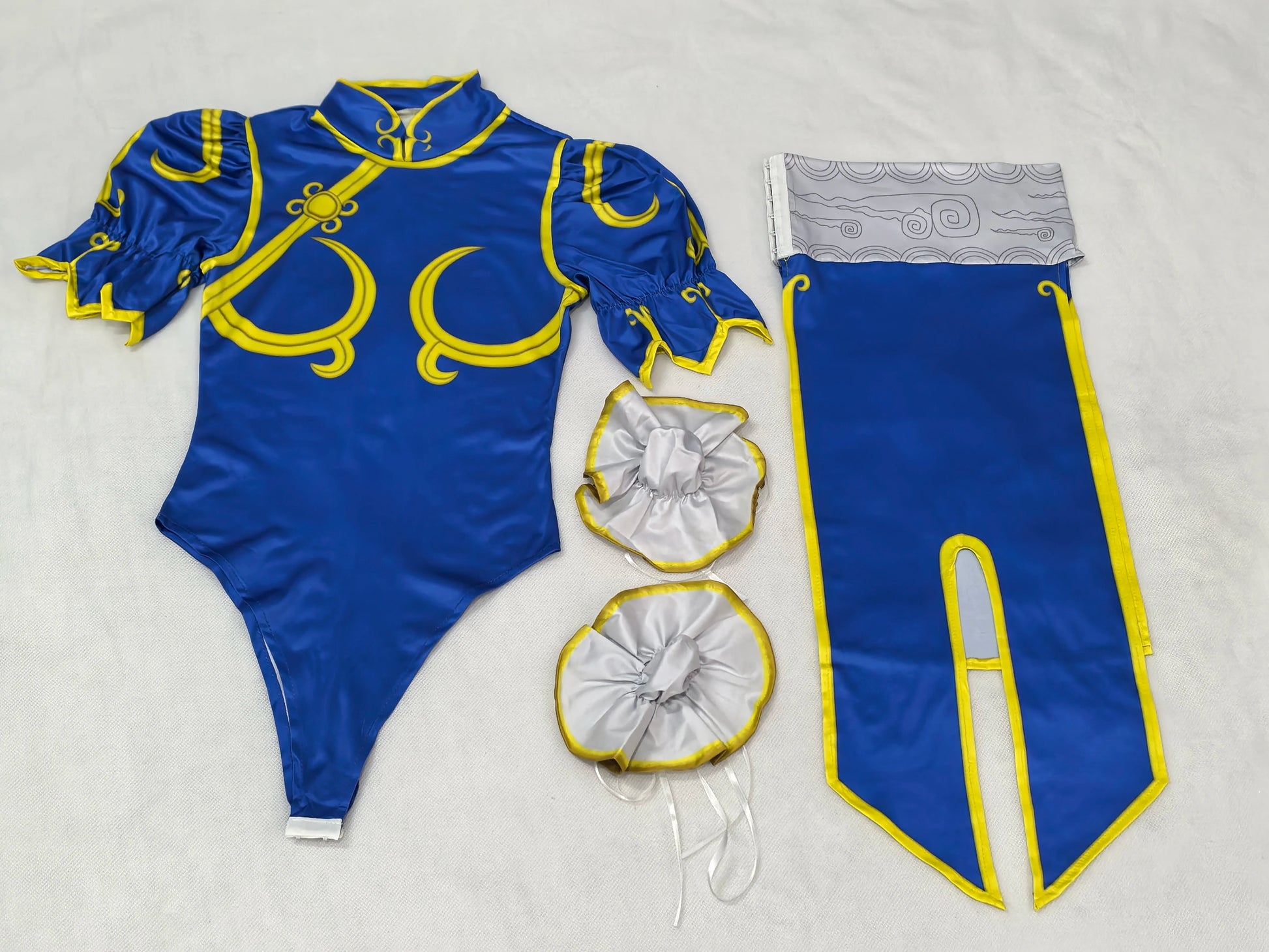 EtherealBe Street Fighter Chun Li Halloween outfit featuring a blue bodysuit with yellow details and accessories