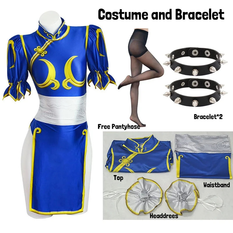 Street Fighter Chun Li Halloween outfit featuring a blue dress, bracelet, headdresses, and free pantyhose