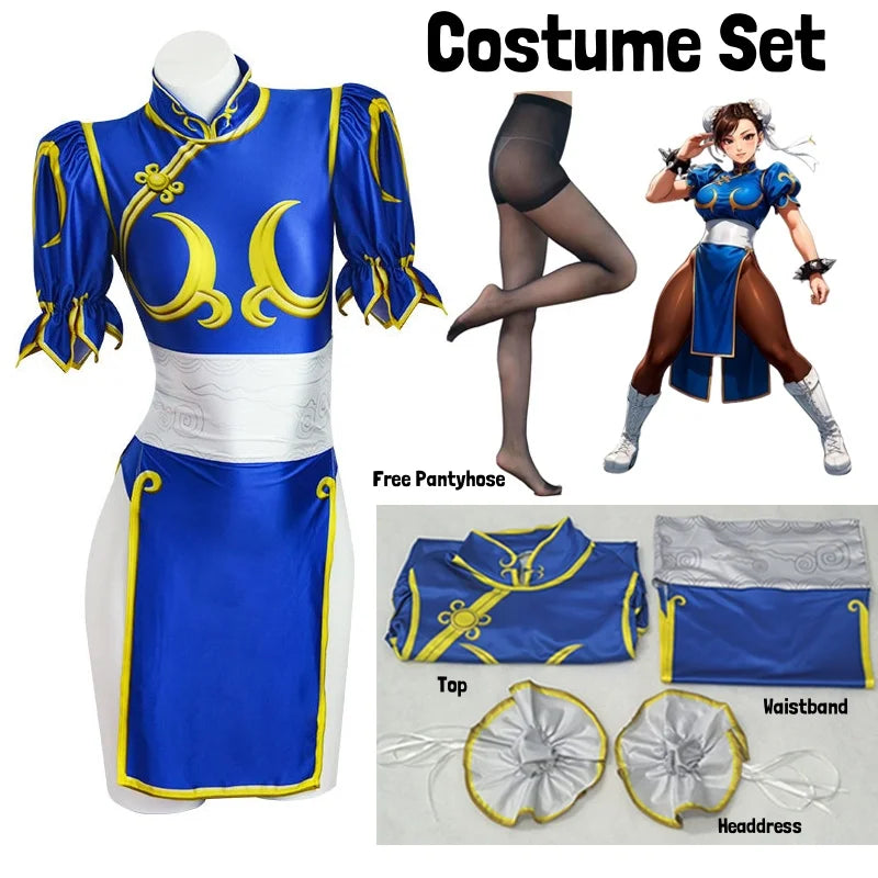 EtherealBe Street Fighter Chun Li Halloween outfit costume set with top, waistband, headdress, and pantyhose