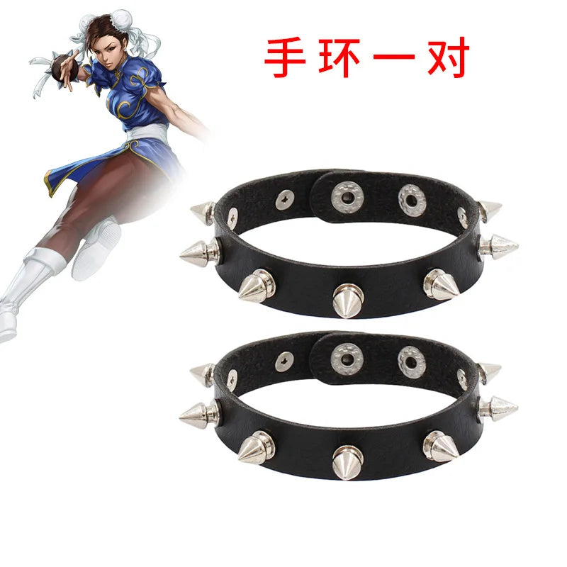 Black spiked bracelets inspired by Street Fighter Chun Li Halloween outfit for cosplay enthusiasts