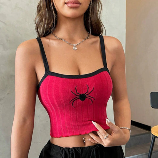 EtherealBe red ribbed cropped harajuku punk spider print camisole with black trim straps