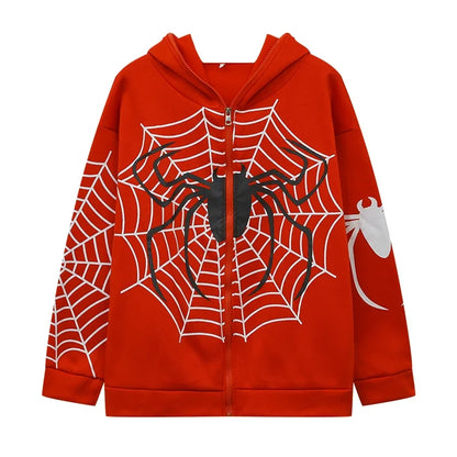 Red spider web zipper hoodie for women with black spider chest print and white web sleeves casual