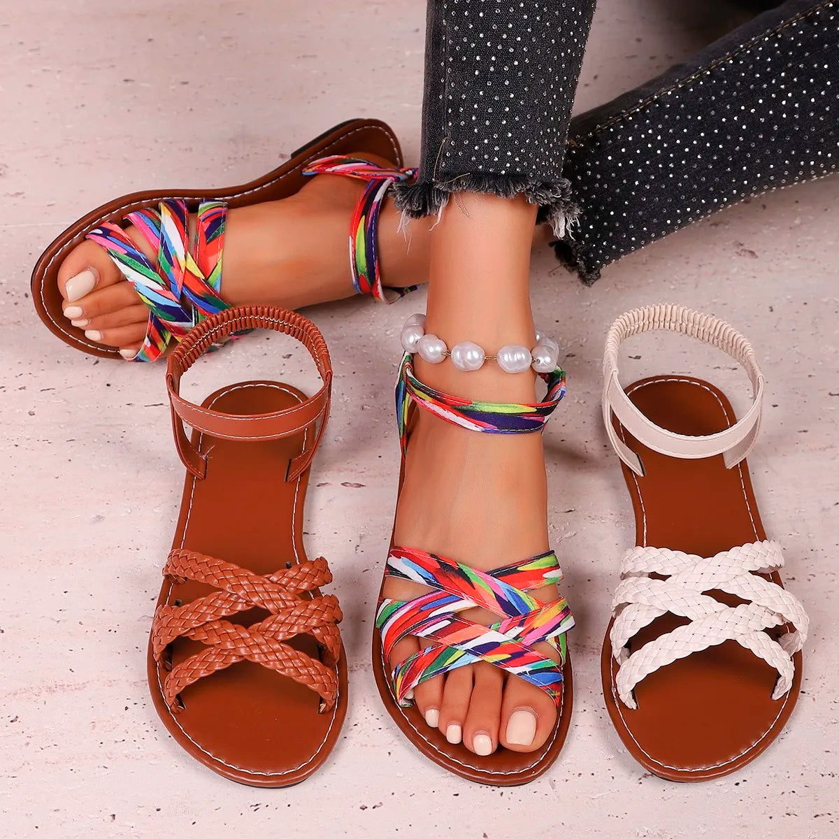 Multicolor braided ankle strap summer flat sandals for women displayed with brown and white braided pairs