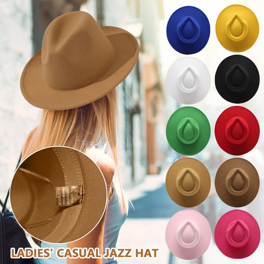 Stylish wide brim felt fedora in tan worn by a woman, showcasing various color options