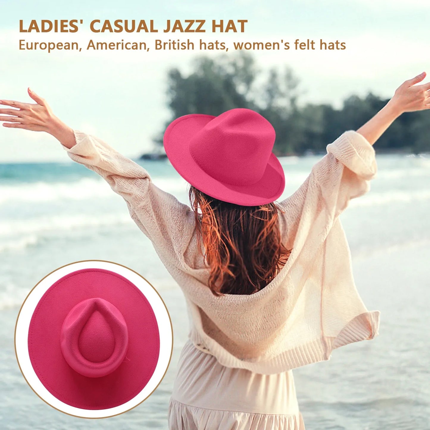 Women wearing a stylish wide brim felt fedora while enjoying a beach day in a casual outfit