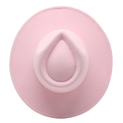 Pink stylish wide brim felt fedora with a unique crown design for fashionable outfits