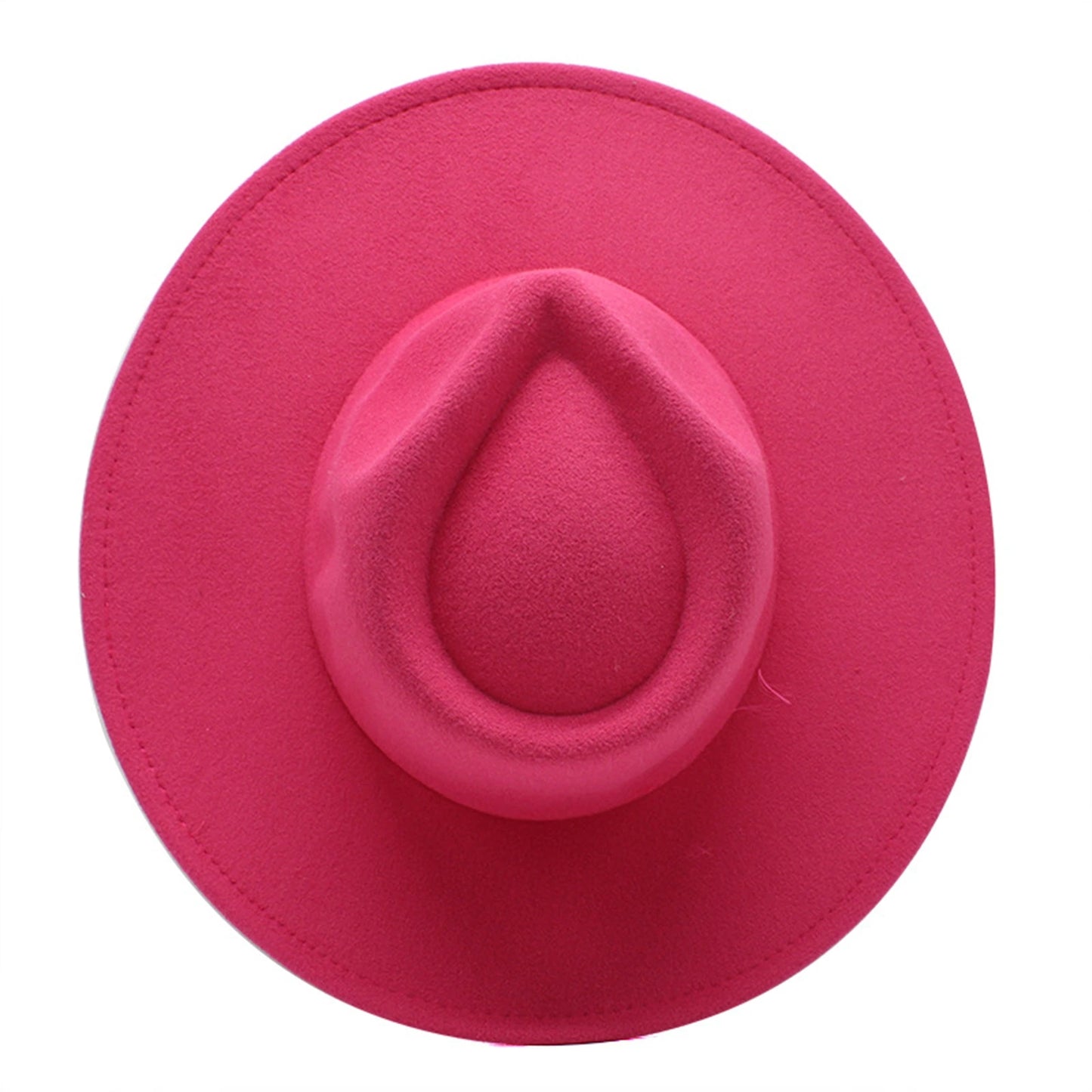 Stylish wide brim felt fedora in vibrant pink with a unique teardrop crown design