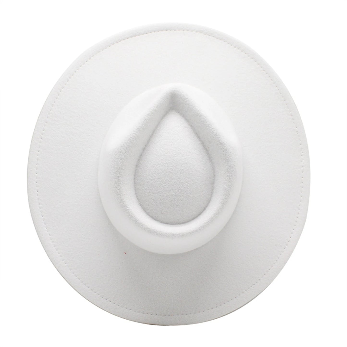 Top view of a stylish wide brim felt fedora in white, featuring a unique crown design.