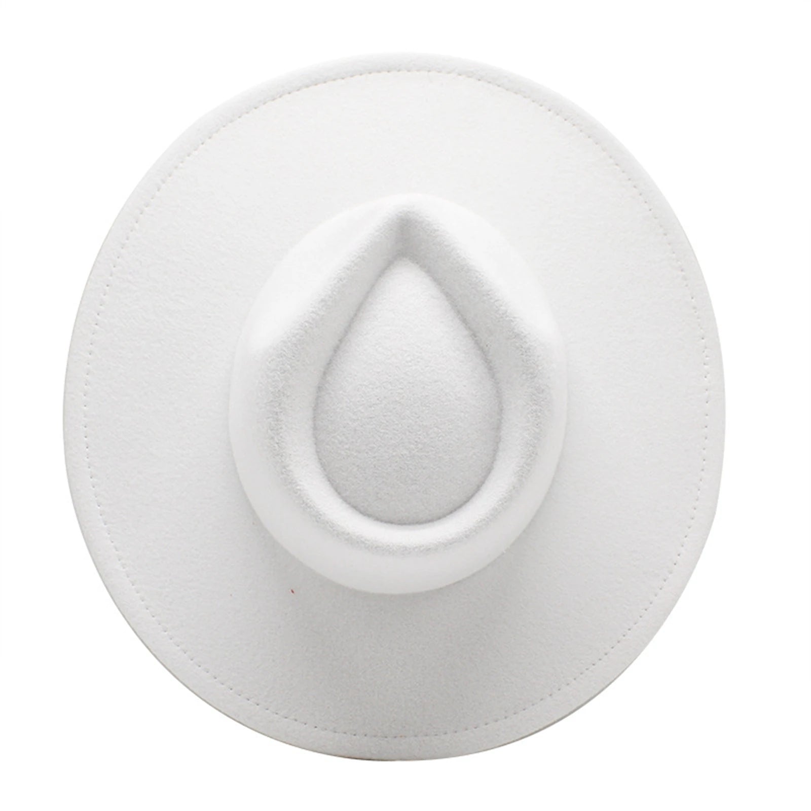 Top view of a stylish wide brim felt fedora in white, featuring a unique crown design.