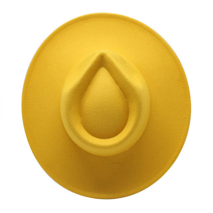 Stylish wide brim felt fedora in bright yellow color for a trendy look