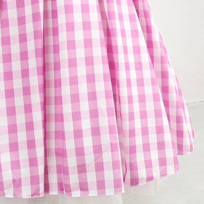 Pink gingham skirt detail from EtherealBe pink cowgirl cosplay set for kids showing flared hem and lightweight fabric