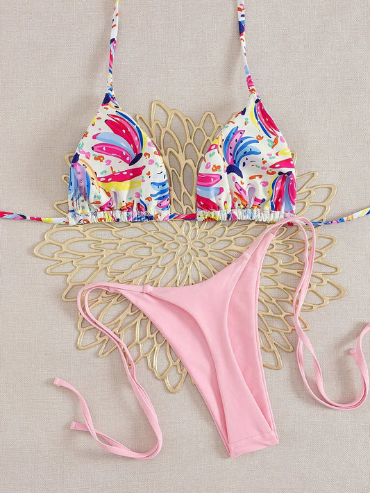 tropical fruit print bikini set colorful triangle top with pink tie side cheeky bottoms