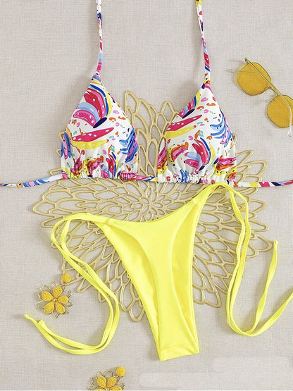 EtherealBe tropical fruit print bikini set with multicolor triangle top and bright yellow tie side high cut bottoms