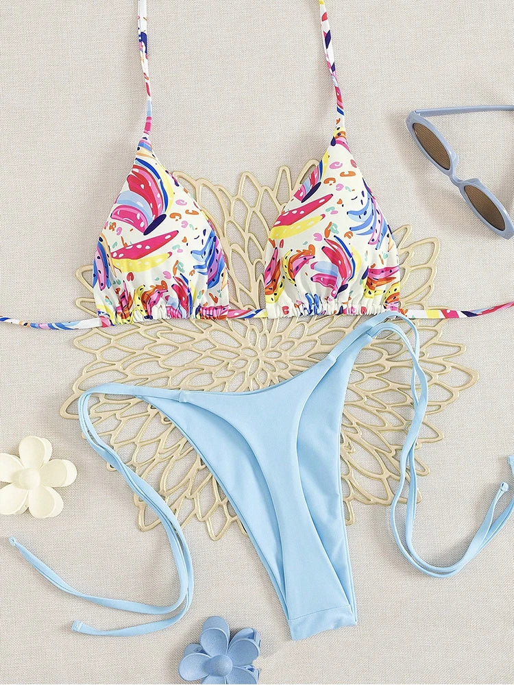 EtherealBe tropical fruit print bikini set with colorful triangle top and light blue tie side high cut bottoms