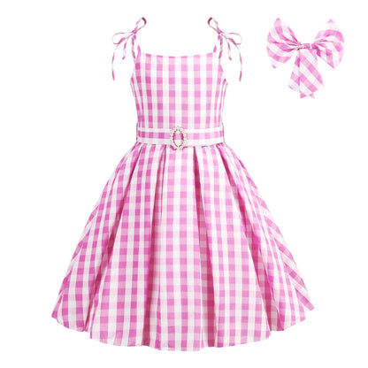 EtherealBe pink cowgirl cosplay set for kids gingham sundress with bow belt tie shoulder straps and full skirt