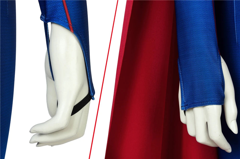 Close-up of Supergirl Kara Zor Halloween costume cosplay detailing on sleeves and cape