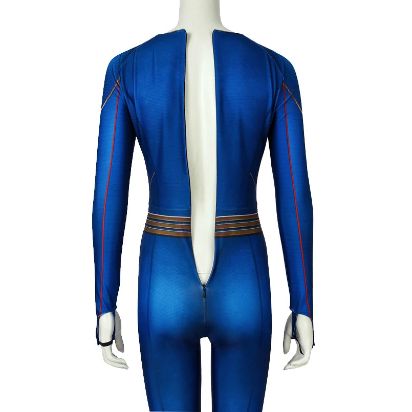 Back view of EtherealBe Supergirl Kara Zor Halloween costume cosplay featuring a sleek blue design