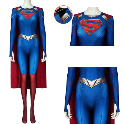EtherealBe Supergirl Kara Zor Halloween costume cosplay featuring a vibrant blue bodysuit and cape