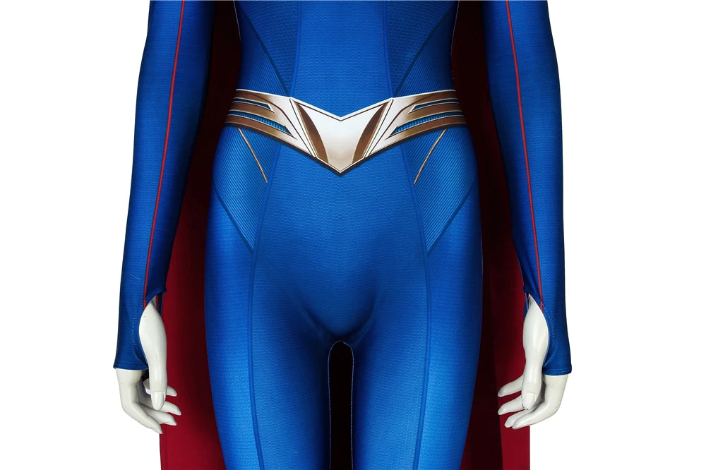 EtherealBe Supergirl Kara Zor Halloween costume cosplay featuring vibrant blue suit and iconic belt design