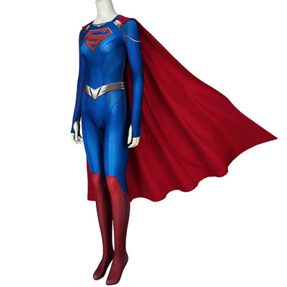 Supergirl Kara Zor Halloween costume cosplay featuring a blue and red suit with a flowing cape