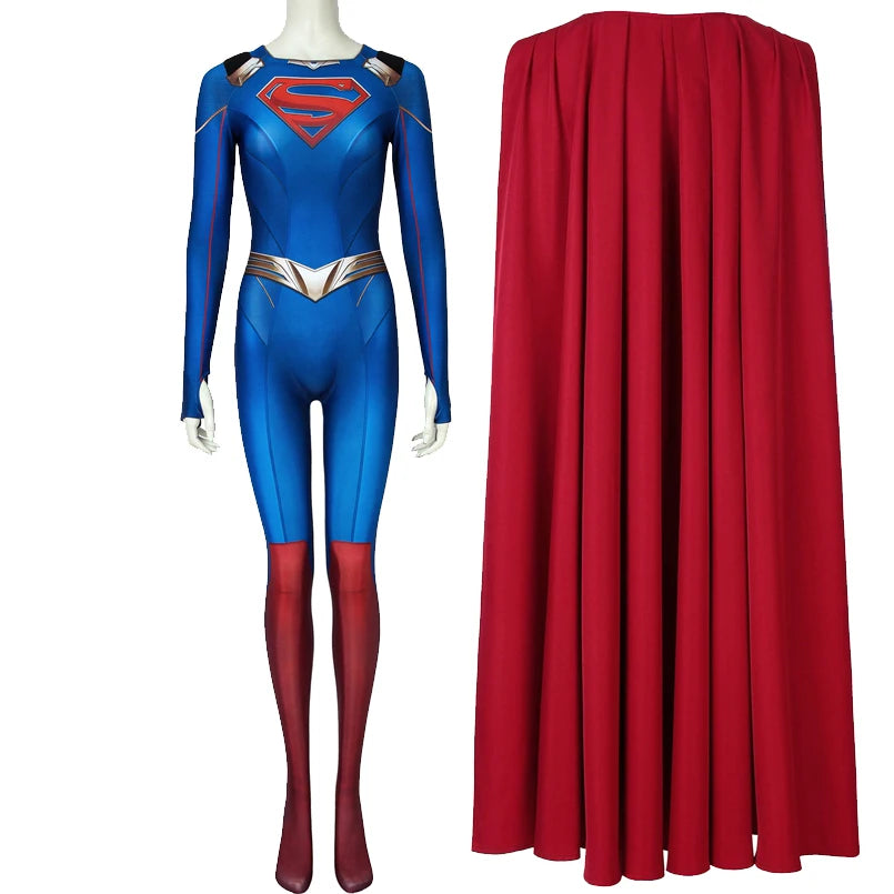 Supergirl Kara Zor Halloween costume cosplay featuring blue bodysuit and red cape for fun dress-up