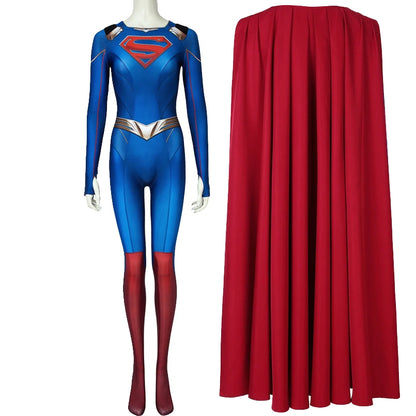 Supergirl Kara Zor Halloween costume cosplay featuring blue bodysuit and red cape for fun dress-up