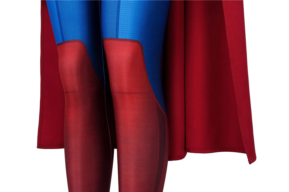 Supergirl Kara Zor Halloween costume cosplay featuring vibrant blue and red fabric with a flowing cape