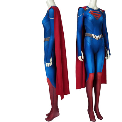 Supergirl Kara Zor Halloween costume cosplay featuring vibrant blue and red colors with a flowing cape