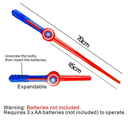 Avengers LED light up costume mask for kids shown with expandable red and blue 70cm toy sword baton