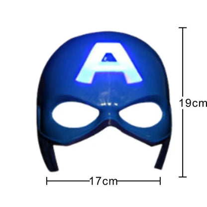 Blue Captain America style mask with glowing A emblem, elastic strap, Avengers LED light up costume mask for kids.