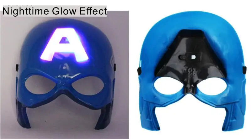 Avengers LED light up costume mask for kids. Blue Captain America style mask with glowing A and back view