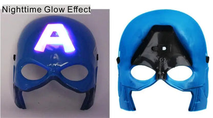 Avengers LED light up costume mask for kids. Blue Captain America style mask with glowing A and back view