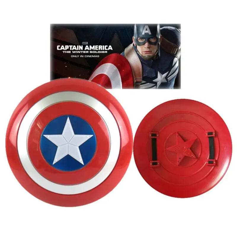 Avengers LED light up costume mask for kids shown with red Captain America toy shield for kids dress up