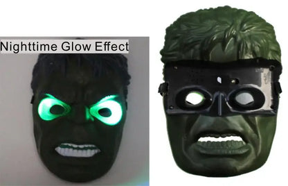 Avengers LED light up costume mask for kids green Hulk face with glowing LED eyes and nighttime glow effect