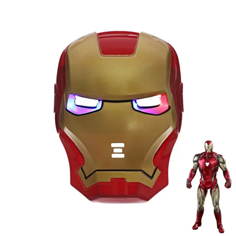 EtherealBe red and gold Iron Man mask with glowing LED eyes and toy figure Avengers LED light up costume mask for kids.
