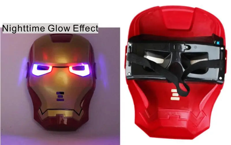 Avengers LED light up costume mask for kids. Shown in red gold with glowing blue LED eyes and adjustable rear straps