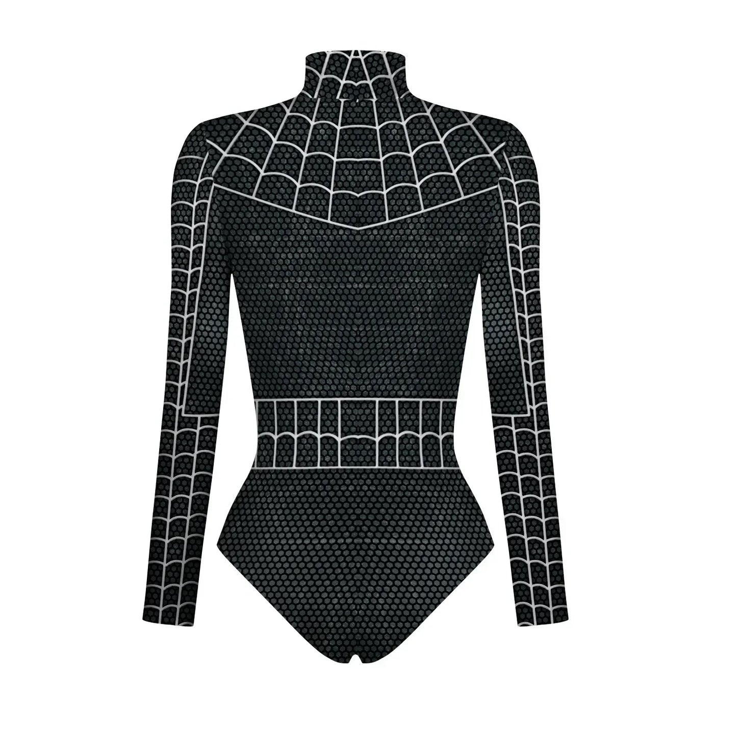 Black spider web bodysuit for women, perfect for superhero cosplay costumes for women