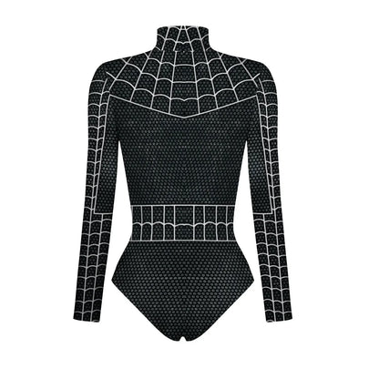 Black spider web bodysuit for women, perfect for superhero cosplay costumes for women