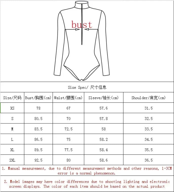 Size chart for superhero cosplay costumes for women with bust, waist, sleeve, and shoulder measurements