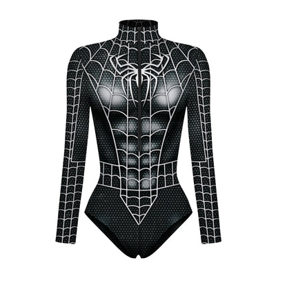Stylish superhero women cosplay outfits costumes featuring a black spider design with long sleeves
