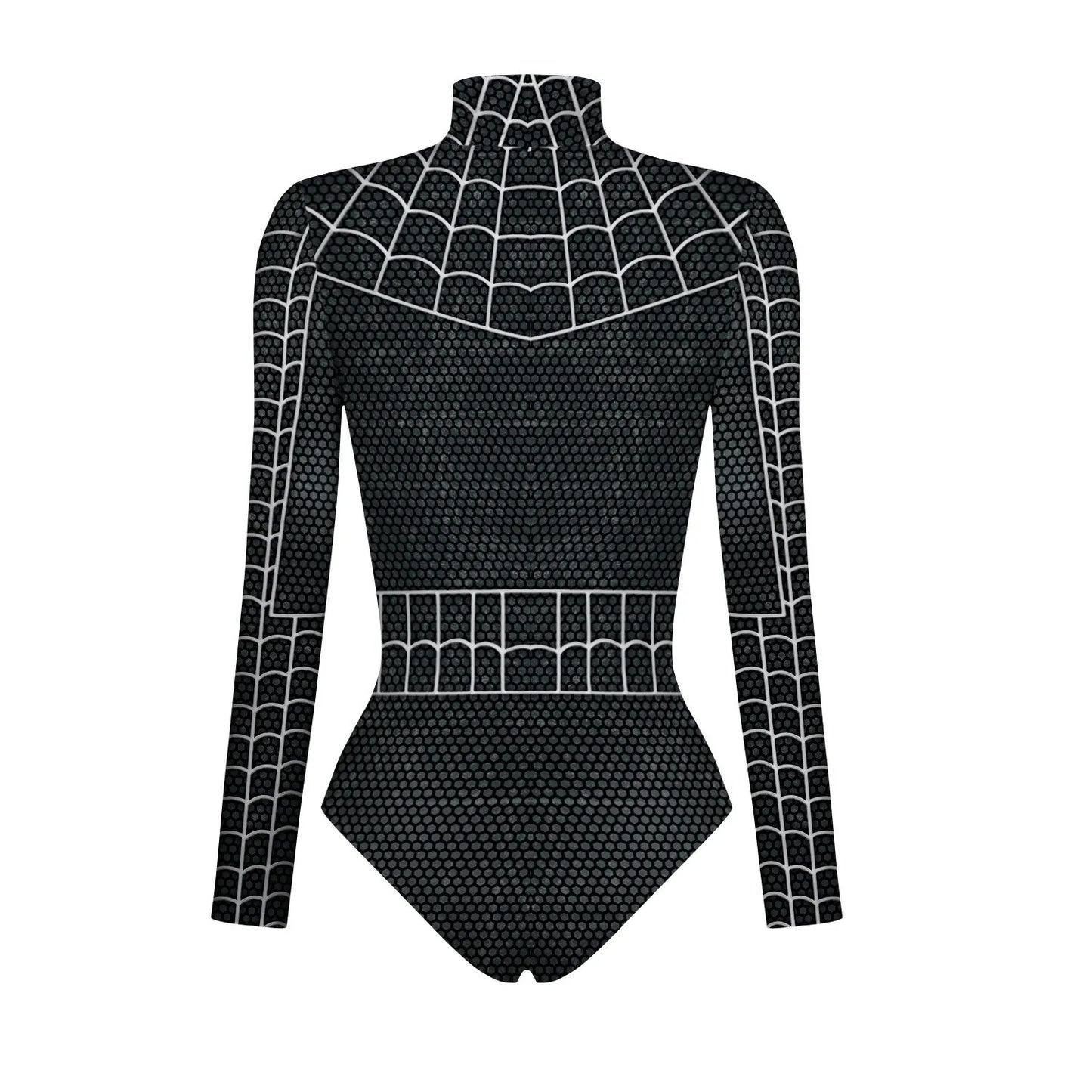 Black superhero women cosplay outfits costumes featuring a spiderweb design and long sleeves
