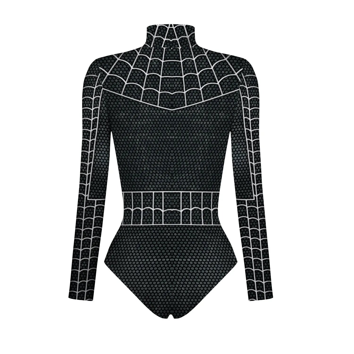 Black superhero women cosplay outfits costumes featuring a spiderweb design and long sleeves