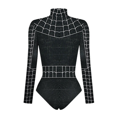 Black superhero women cosplay outfits costumes featuring a spiderweb design and long sleeves