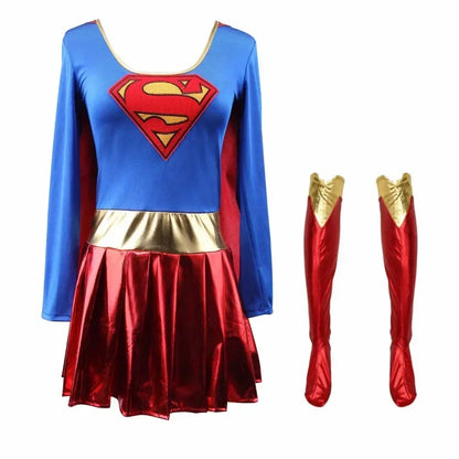 EtherealBe superwoman Halloween cosplay costume with a blue top, red skirt, and gold accents