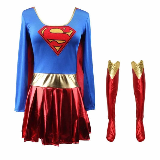 EtherealBe superwoman Halloween cosplay costume with a blue top, red skirt, and gold accents