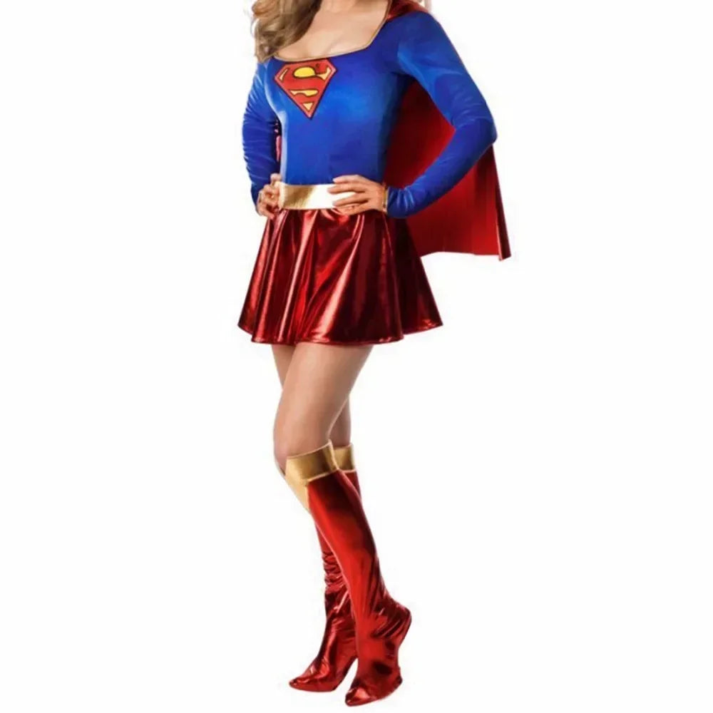EtherealBe superwoman Halloween cosplay costume featuring a blue top, red skirt, and cape for a superhero look