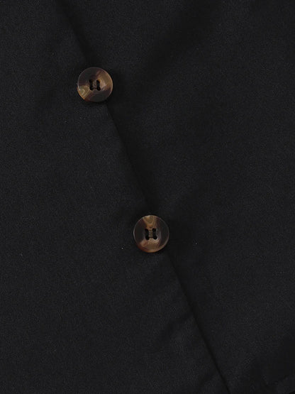 Close-up of EtherealBe sweet ruffle long sleeve top and skirt in black featuring stylish buttons