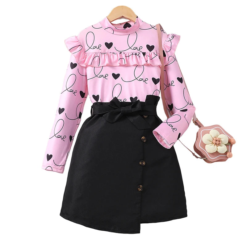EtherealBe sweet ruffle long sleeve top and skirt set featuring pink heart print and black skirt