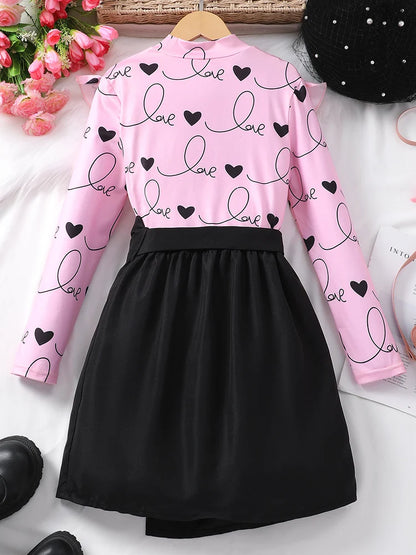 EtherealBe sweet ruffle long sleeve top and skirt set in pink and black with heart pattern