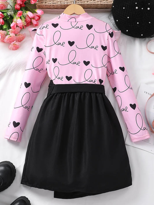 EtherealBe sweet ruffle long sleeve top and skirt set in pink and black with heart pattern